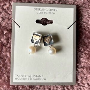 Silver and gold heart square earrings with a dangled pearl